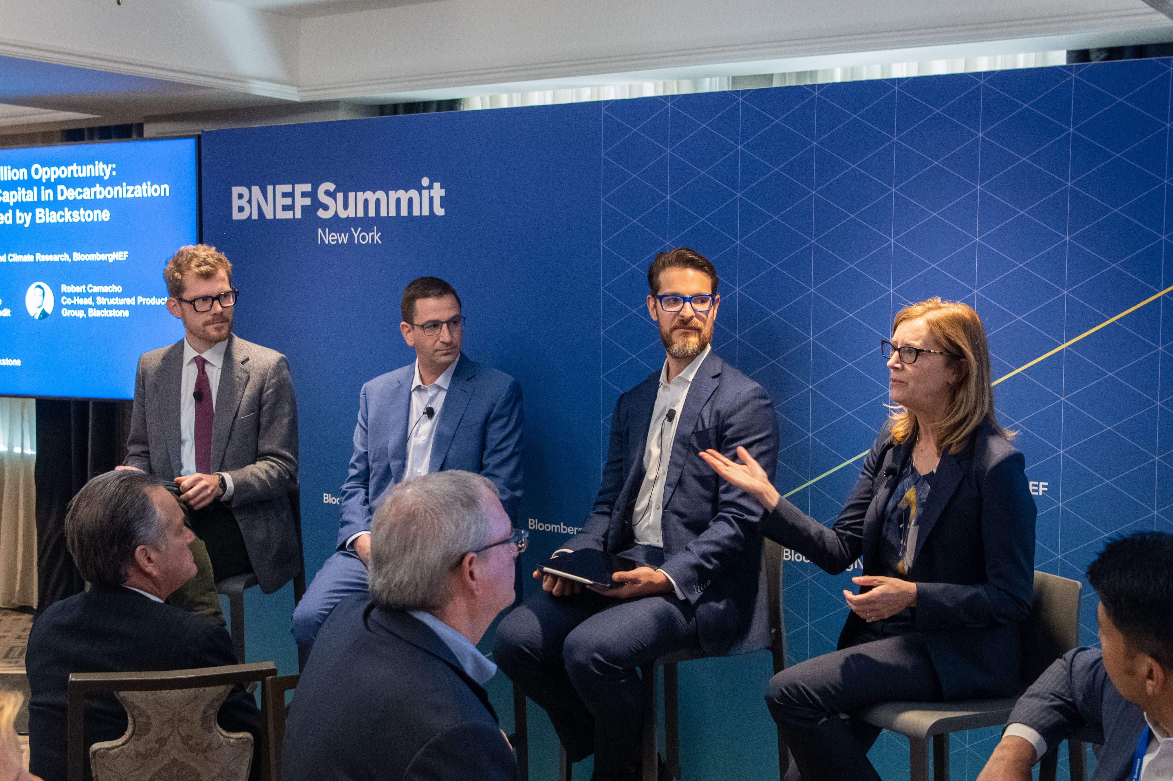 Blackstone leaders on a panel at the Bloomberg New Energy Finance Summit. Rob Horn, Rob Camacho and Jean Rogers