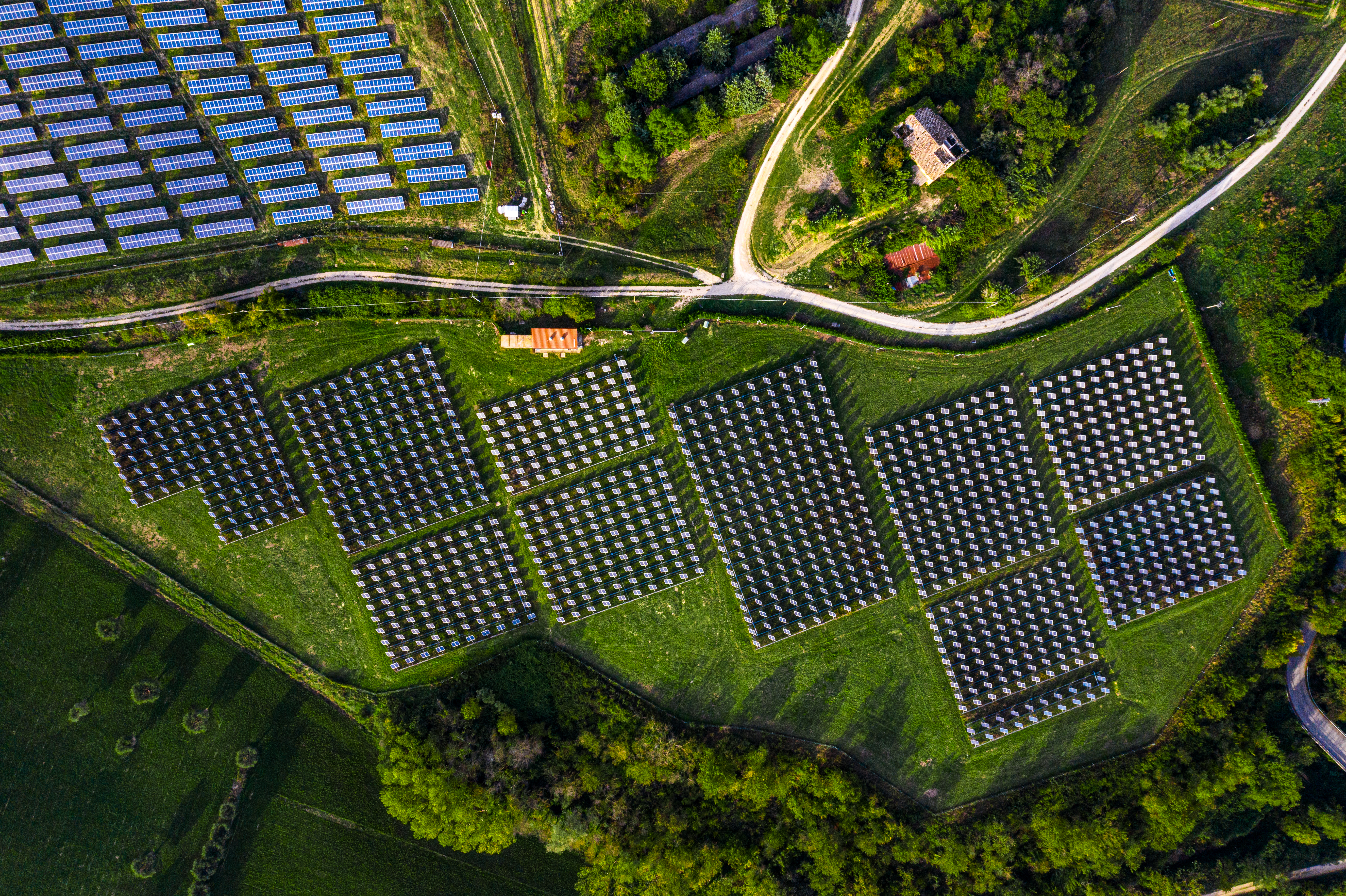 Solar energy station in countryside aerial view