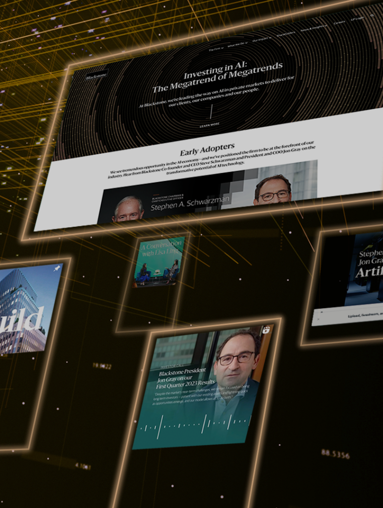Black graphic showing different blackstone.com web pages and images