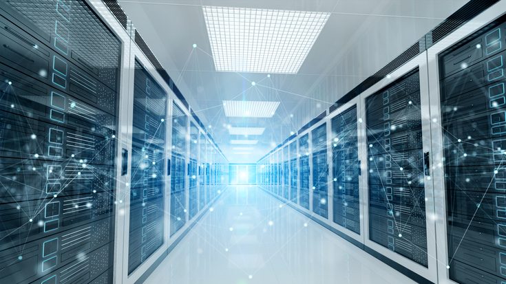 Data center room with graphic overlay